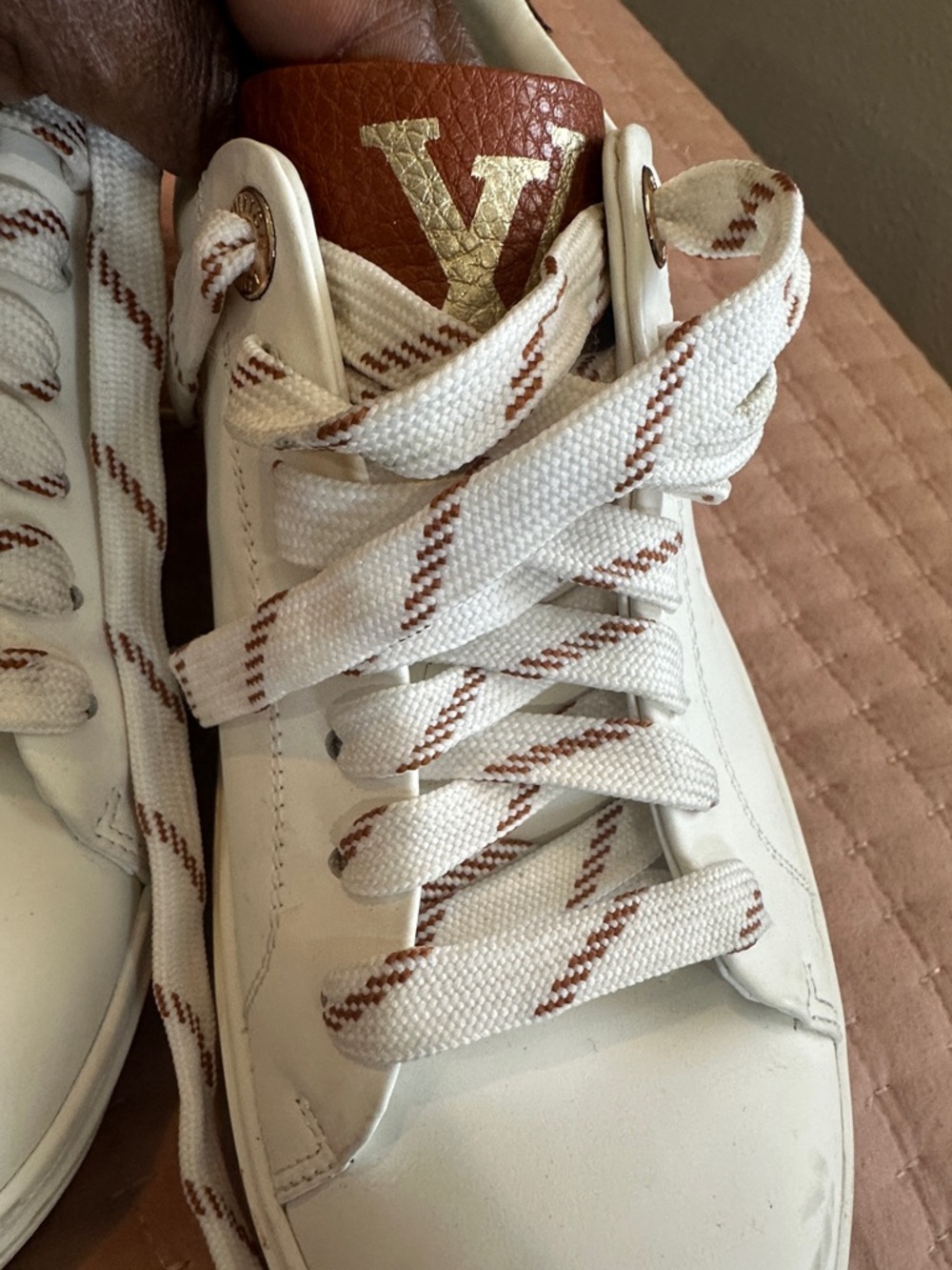 Louis Vuitton White Leather Sneakers with Brown Monogram Detail - Picture 2 of 9